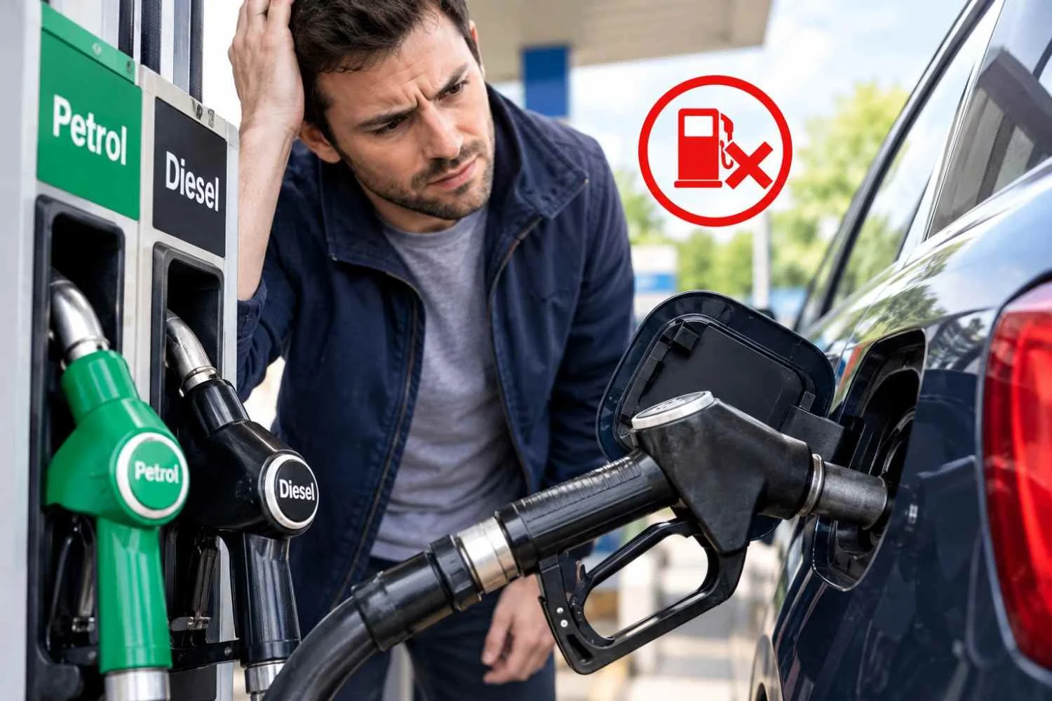 Man at a petrol station realising a diesel fuel nozzle has been inserted into his car, illustrating what to do after putting the wrong fuel in a vehicle.